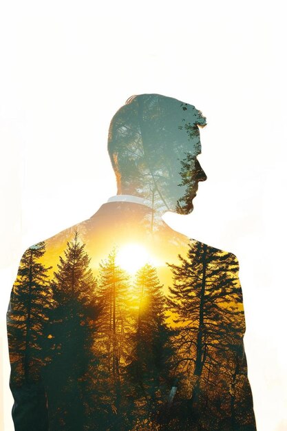 ein Doppelbelichtungsfoto eines Mannes mit Bäumen im Hintergrund