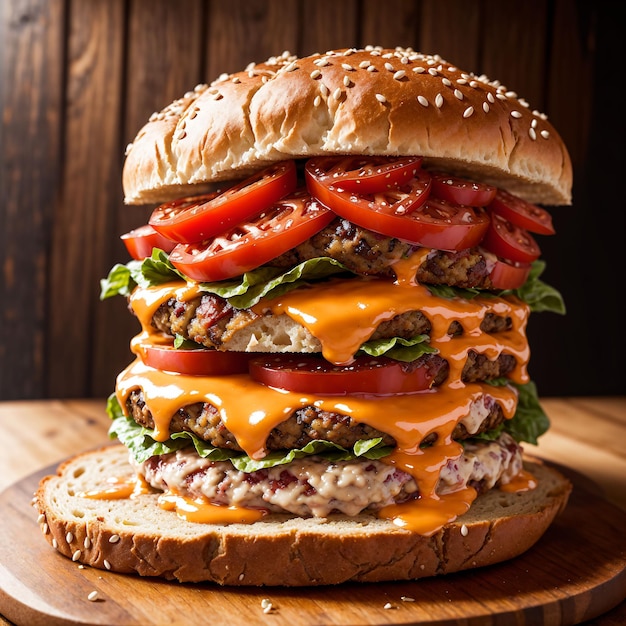 Ein doppelter Cheeseburger mit Brötchen und Tomatensauce.