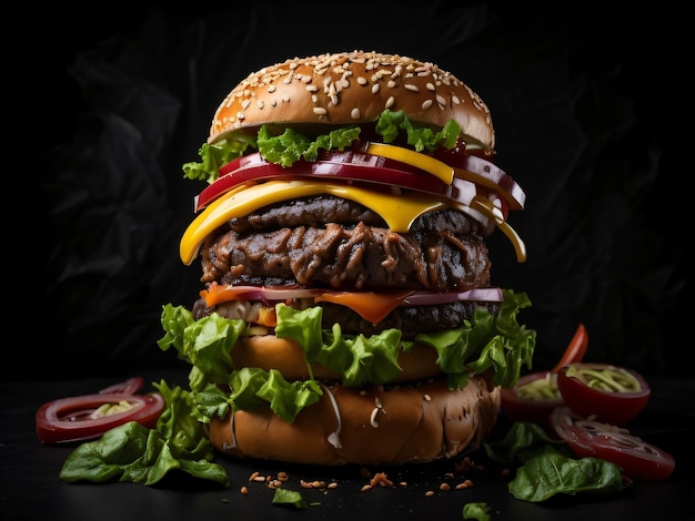 Ein doppelter Cheeseburger mit Salat, Tomaten und Zwiebelringen oben drauf.