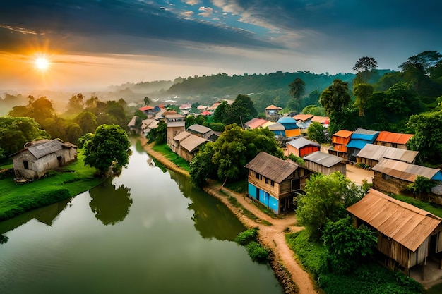 Ein Dorf am Fluss bei Sonnenuntergang