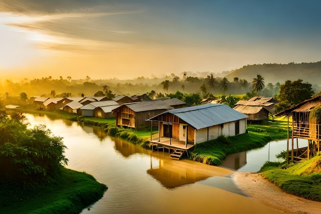 Ein Dorf im Dschungel mit einem Fluss im Vordergrund und einem Sonnenuntergang im Hintergrund.