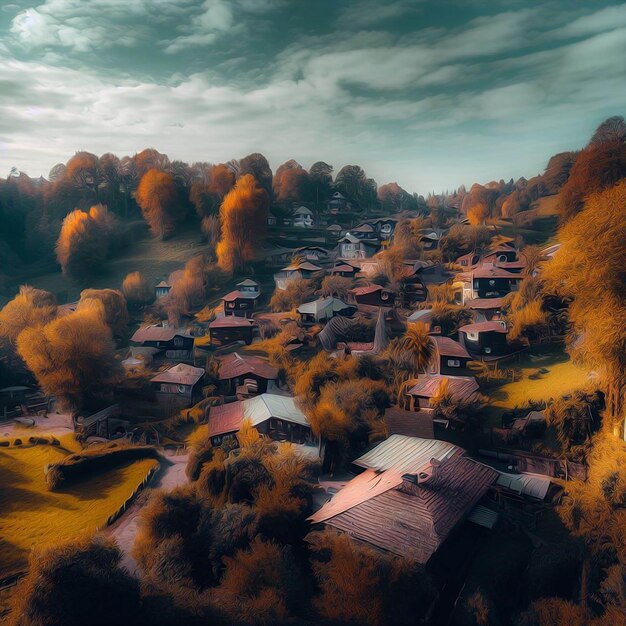 Ein Dorf im Wald mit ein paar Häusern im Ölgemäldestil der Herbstsaison