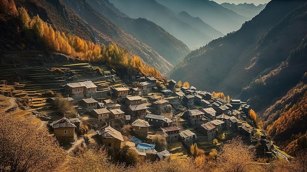 Ein Dorf in den Bergen mit einem Berg im Hintergrund