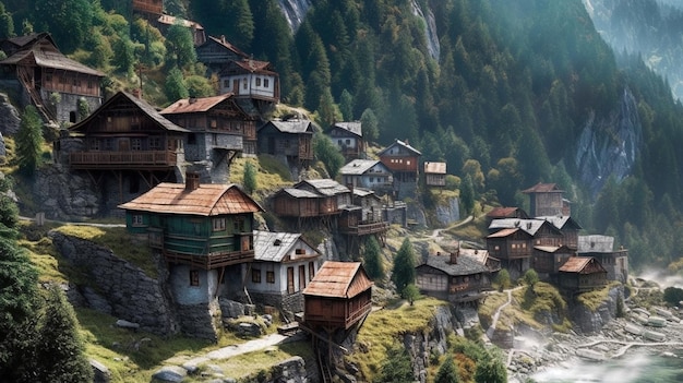 Ein Dorf in den Bergen mit einem Berg im Hintergrund