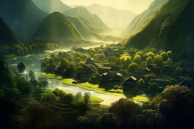 Ein Dorf in den Bergen mit einem Fluss im Vordergrund