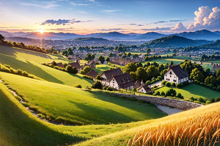 Foto ein dorf in den bergen mit einem sonnenuntergang im hintergrund