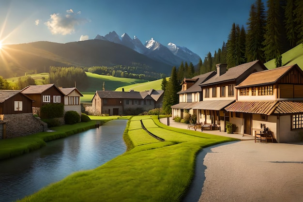 Ein Dorf mit einem Berg im Hintergrund