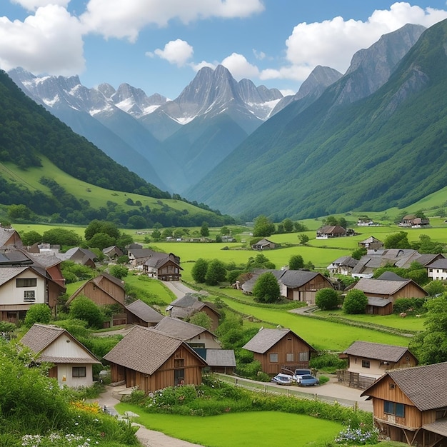 Ein Dorf mit urigen Hütten, eingebettet in ein üppiges grünes Tal im Hintergrund, generiert von KI