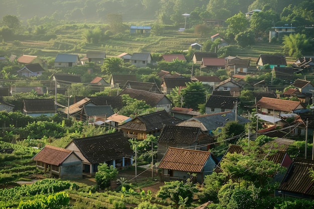 Ein Dorf mit vielen Häusern und Bäumen