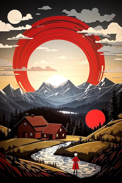ein Dorf und um Wald und Berge im Hintergrund die rote Scheibe der Sonne in Stock