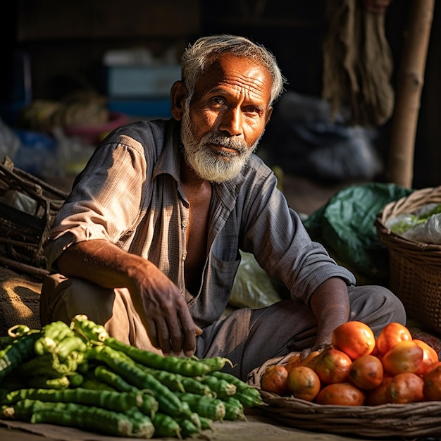 Foto ein dorfbewohner aus bangladesch verkaufen gemüse und fische. fotografie