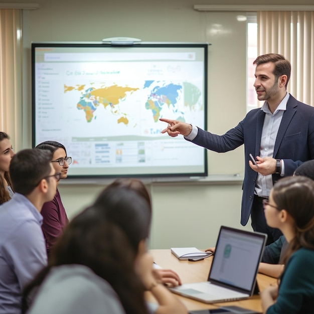 Ein Dozent für digitales Marketing unterrichtet Studenten in einem modernen Universitätsklassenzimmer