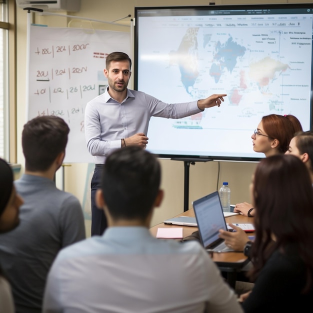 Ein Dozent für digitales Marketing unterrichtet Studenten in einem modernen Universitätsklassenzimmer