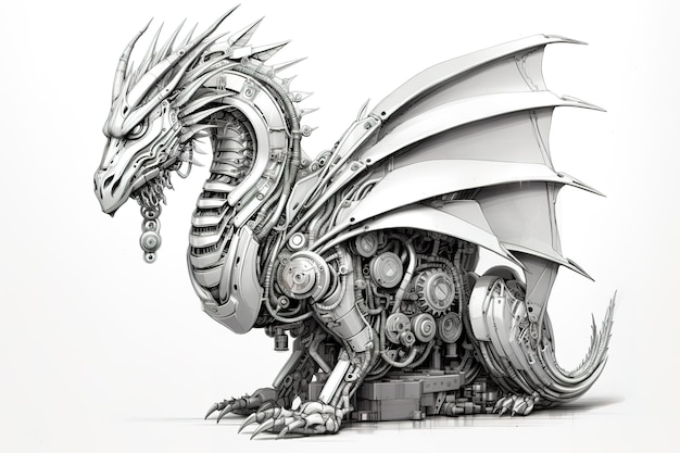 Ein Drache aus elektronischen Maschinen auf weißem Hintergrund Mythische Kreaturen Illustration Generative KI