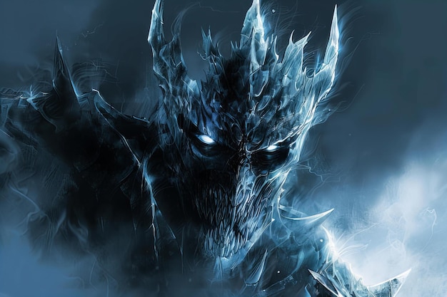 ein Drache mit blauen Augen und einem blauen Hintergrund
