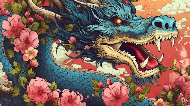 Ein Drache mit Blumen und der Aufschrift „chinesischer Drache“.