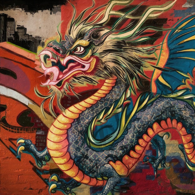 ein Drache mit einem Drachen, auf dem ein Drache gemalt ist, ist an einer Wand gemalt