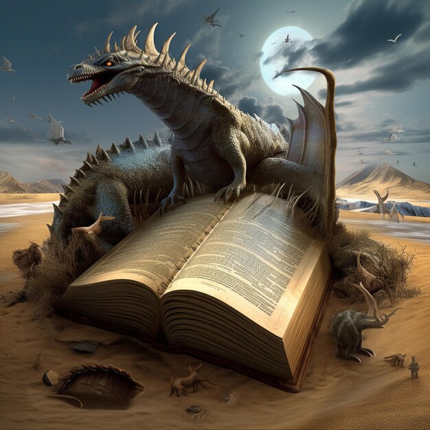 Ein Drache sitzt auf einem offenen Buch.