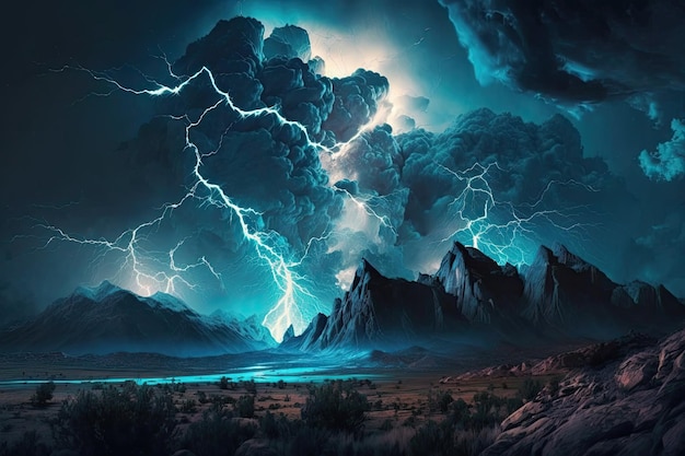 Ein dramatischer Nachthimmel voller dunkler Wolken und Blitze Die Landschaft einer Nacht