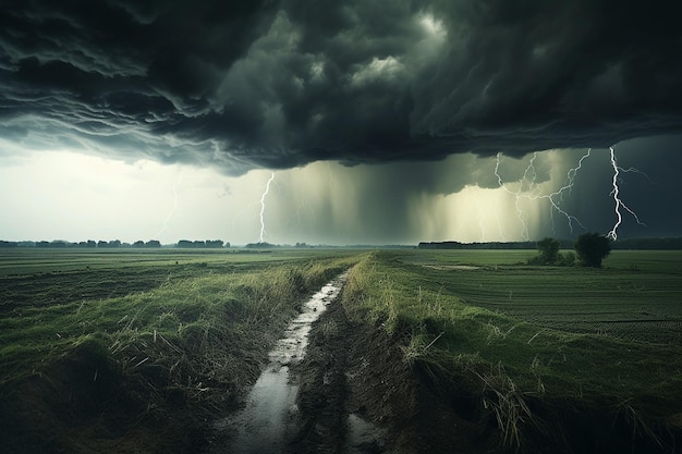 Ein dramatischer Superzellensturm mit Regen über offenen Feldern