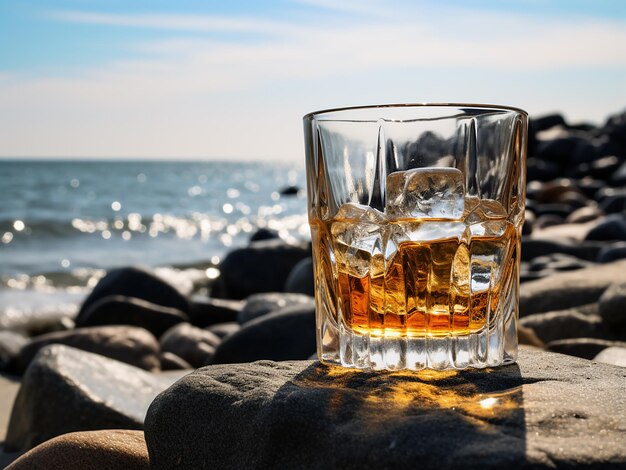 Foto ein drink irischer whiskey mit blick auf den strand ki-generation