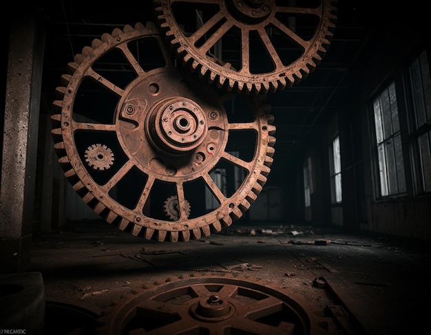 Ein düsterer Hintergrund im Stil von Dystopie und Steampunk Vintage-Getriebe und -Mechanismen in einer verlassenen Fabrik