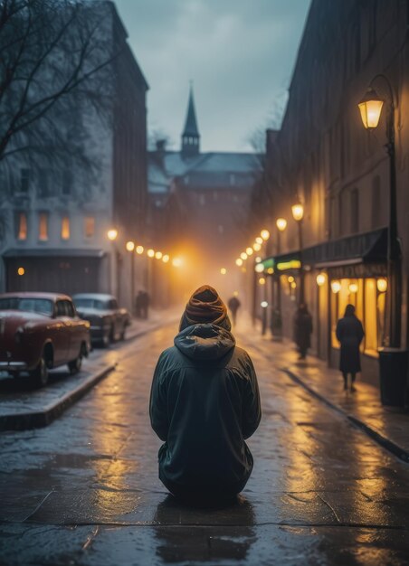 Ein düsterer Mann trägt einen einsamen Ausdruck, der Gefühle von Melancholie und Verzweiflung vermittelt.