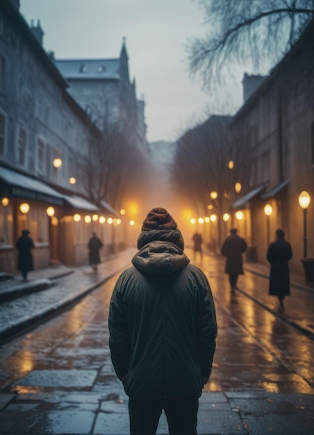 Ein düsterer Mann trägt einen einsamen Ausdruck, der Gefühle von Melancholie und Verzweiflung vermittelt.