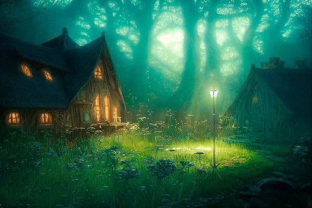 Ein düsteres Bild eines Hauses in einem mystischen Wald