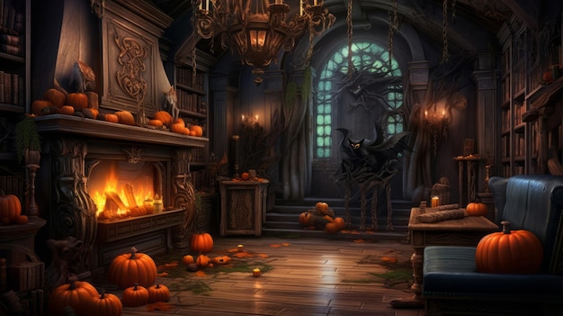 Ein düsteres Haus im Inneren, geschmückt mit Jacko-Lampen, einem brennenden Kamin und einer Statue eines Monsters.
