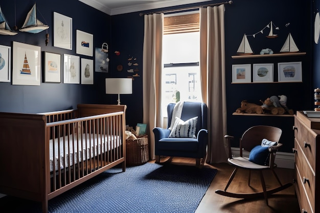 Ein dunkelblaues Kinderzimmer mit einem Kinderbett und einem blauen Stuhl.