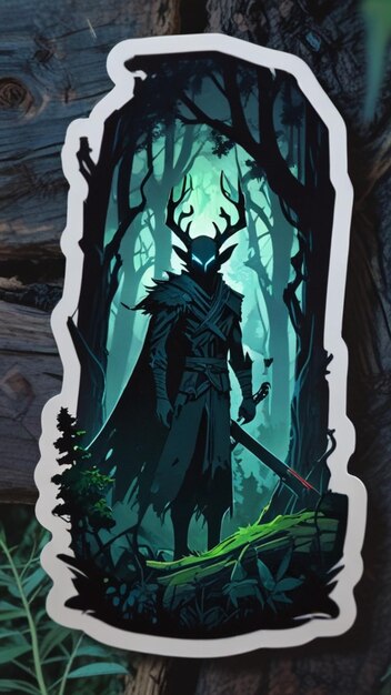 ein dunkelgrüner Ritter steht in einem dunklen Wald