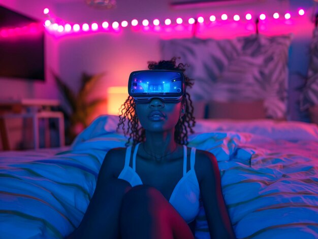 Ein dunkelhäutiges Mädchen in einem dunklen Schlafzimmer mit Neonlichtern spielt VR-Brille generative ai