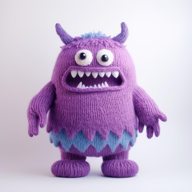 Foto ein dunkelkomisches lila strickmonster mit blauen augen und weißen flügeln