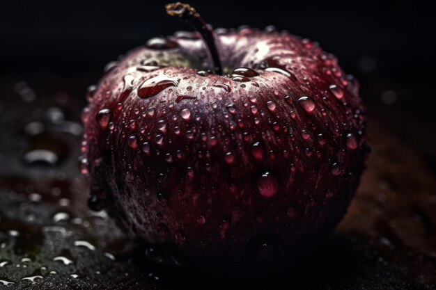 Ein dunkelroter Apfel mit Wassertropfen darauf