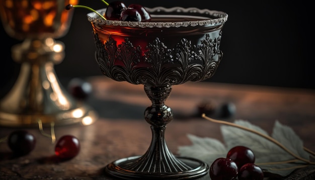 Ein dunkler Cocktail mit einer Kirsche am Rand