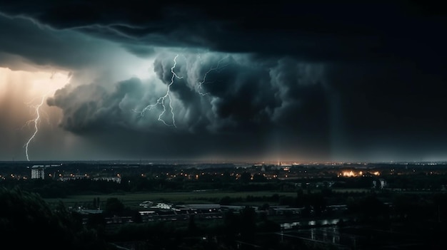 Ein dunkler Himmel mit einem Gewitter und einer Stadt im Hintergrund