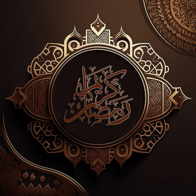 Ein dunkler Hintergrund mit arabischer Kalligraphie und einem goldenen Kreis mit den Worten „Ramadan Ai generative“.