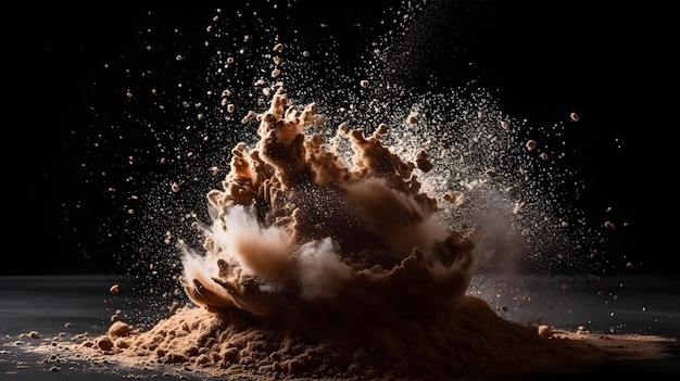 Ein dunkler Hintergrund mit einer Explosion aus Schokolade und Staub