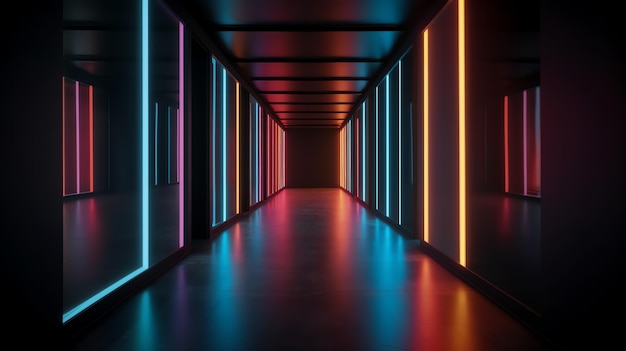 Ein dunkler Korridor mit Neonlichtern und schwarzem Hintergrund.
