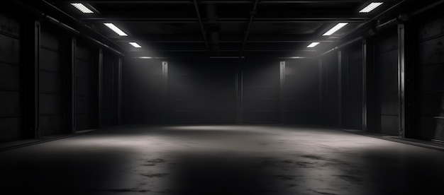 Ein dunkler, leerer Raum mit Lichtern an der Decke und einem weißen Licht an der Decke.