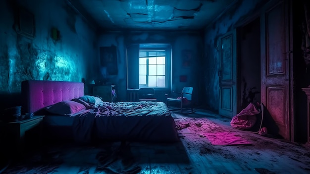 Ein dunkler Raum mit einem Bett und einem Fenster mit der Aufschrift „Das Licht brennt“