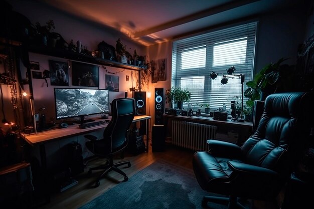 Foto ein dunkler raum mit einem computertisch und einem monitor mit der aufschrift „spielzimmer“.