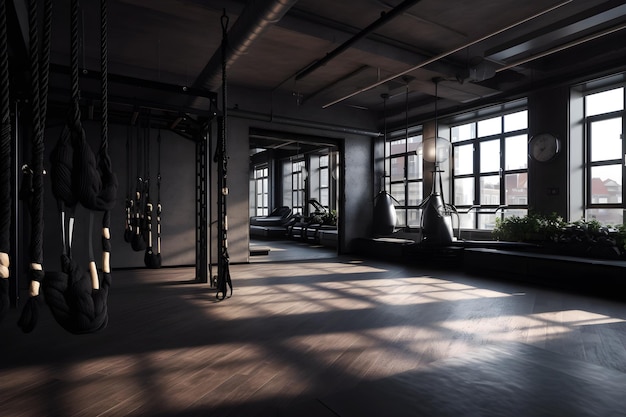 Ein dunkler Raum mit einem großen Fenster, auf dem das Wort Fitnessstudio steht