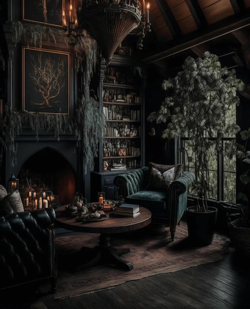 Ein dunkler Raum mit einem Kamin und einem Bücherregal mit einem Baum darauf.