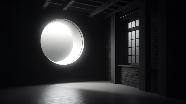 Ein dunkler Raum mit einem runden Fenster und einem Licht an der Wand.