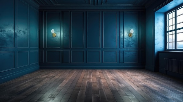 Ein dunkler Raum mit einer blauen Wand und einer Lampe an der Wand, auf der das Wort steht.