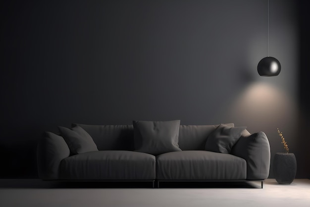 Ein dunkler Raum mit einer Couch und einer Lampe an der Wand.