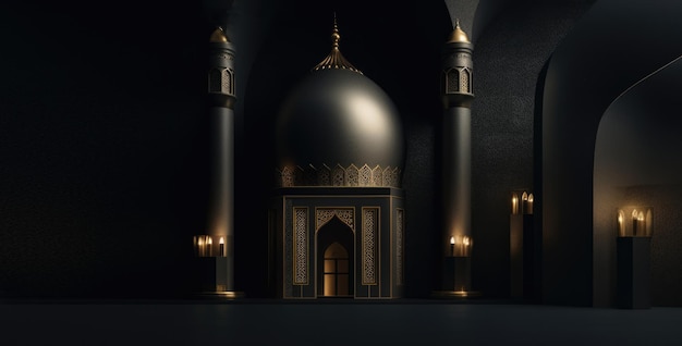Ein dunkler Raum mit einer Moschee und ein paar Lichtern.