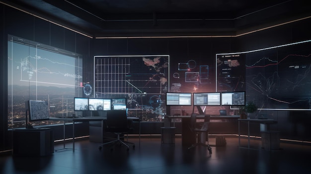 Ein dunkler Raum mit einer Reihe von Monitoren und einem großen Bildschirm, auf dem „Cyberpunk“ steht.